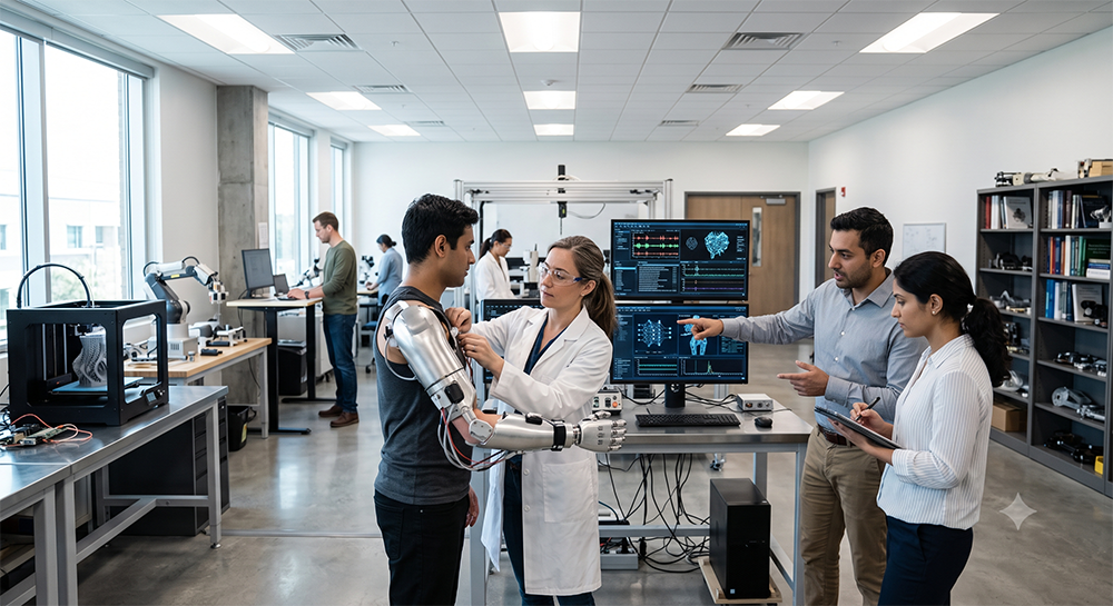 A modern, well-lit university research laboratory where a diverse team of scientists and engineers are collaborating on a biomechatronics project.